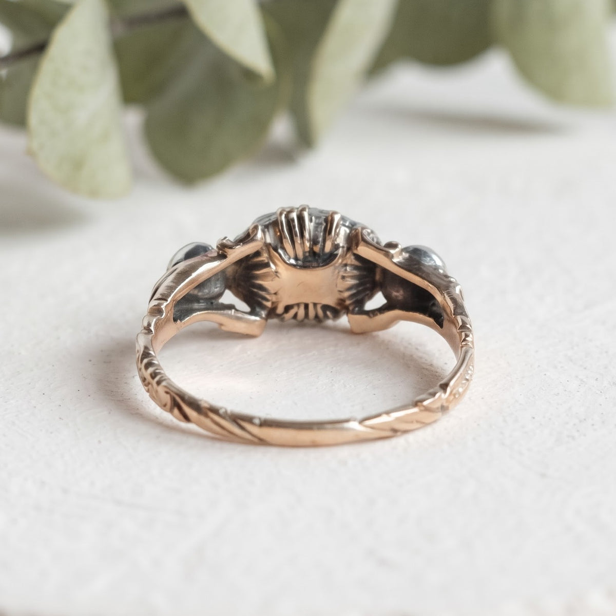 Antique Vintage Nature Inspired Salt & Pepper Diamond Ring