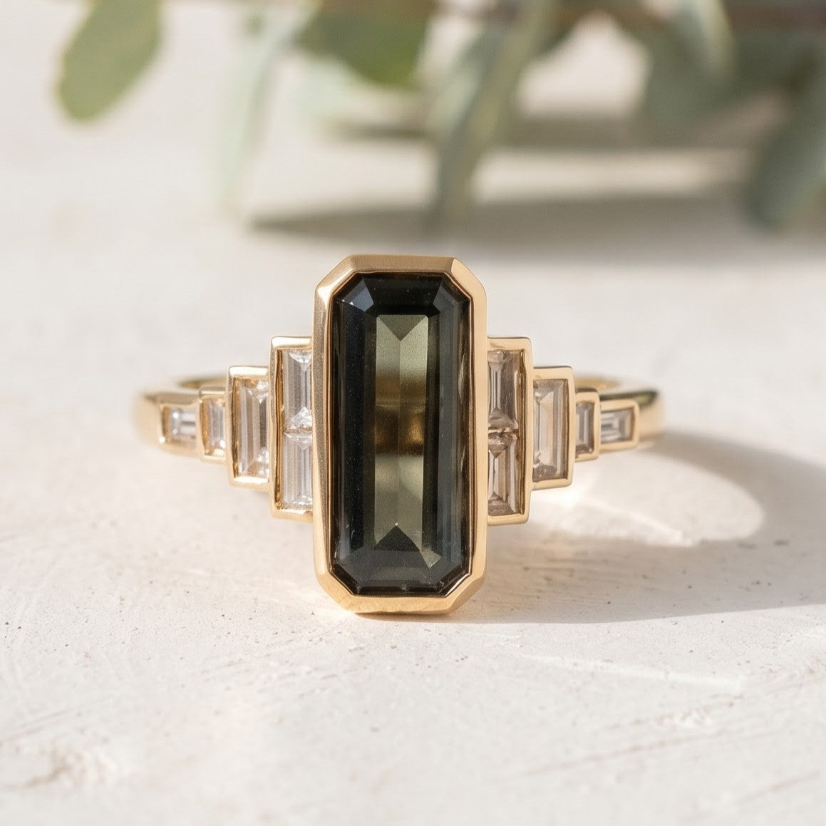 Green Emerald Cut Sapphire Ring with Baguette Lab Grown Diamonds