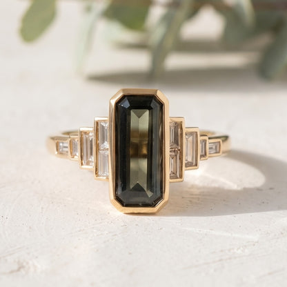 Green Emerald Cut Sapphire Ring with Baguette Lab Grown Diamonds