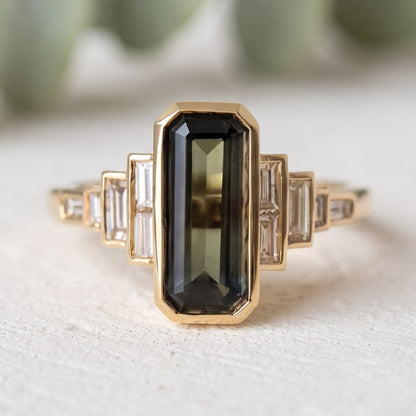 Green Emerald Cut Sapphire Ring with Baguette Lab Grown Diamonds
