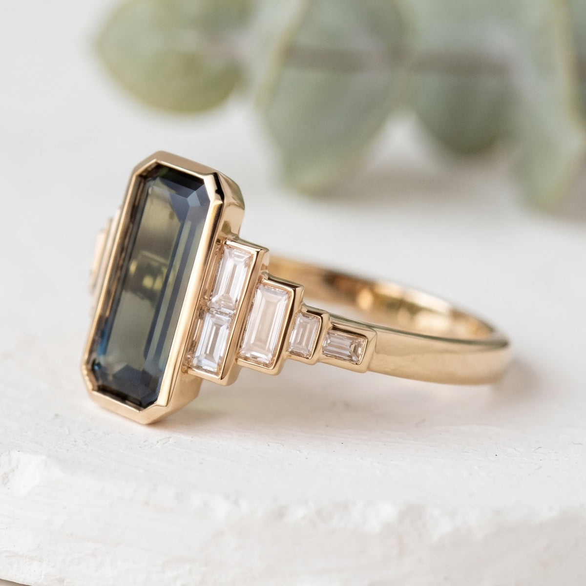 Green Emerald Cut Sapphire Ring with Baguette Lab Grown Diamonds