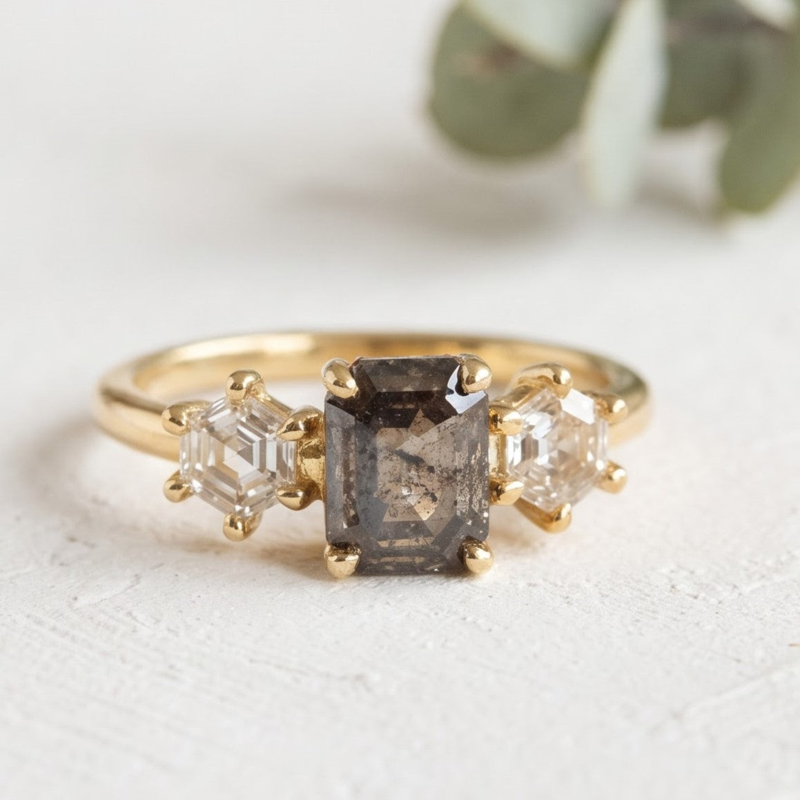 Emerald Salt and Pepper Diamond Ring