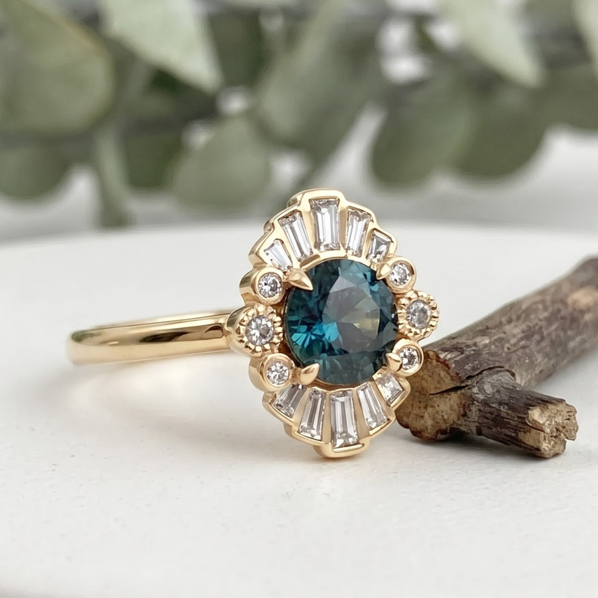Greenish Blue Sapphire Engagement Ring with Baguette Diamonds