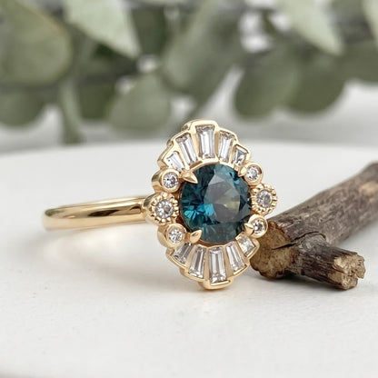Greenish Blue Sapphire Engagement Ring with Baguette Diamonds