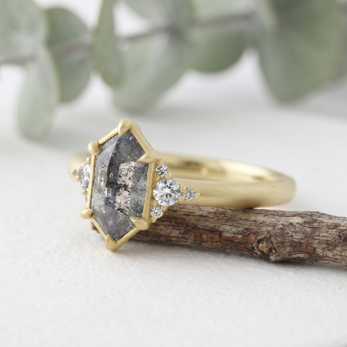 Hexagon Salt and Pepper Gold Handmade Diamond Ring