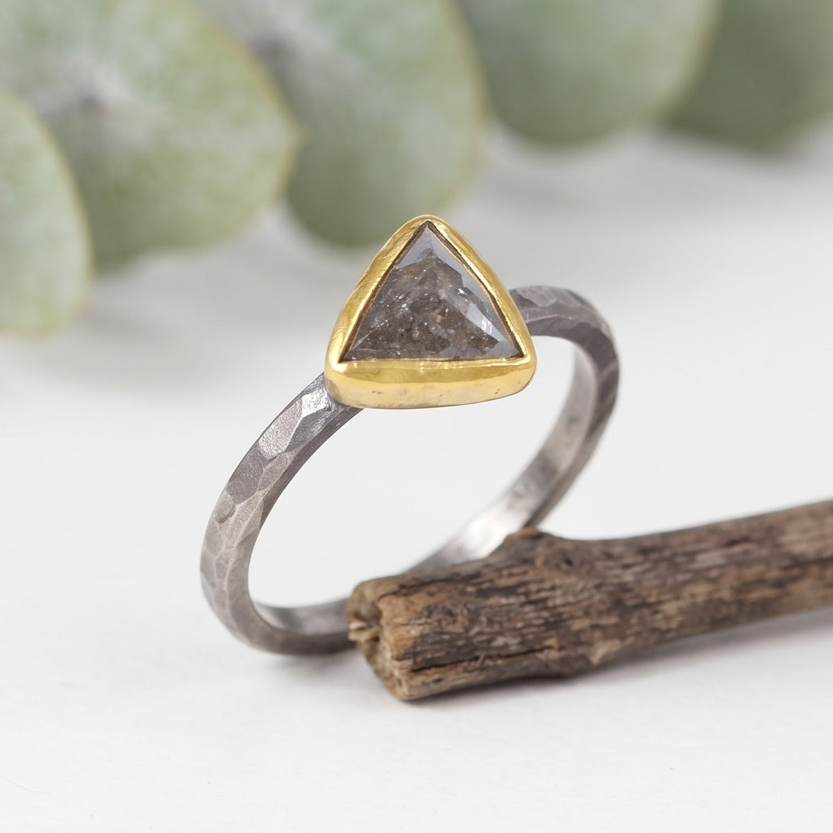 0.80 CT Triangular Salt and Pepper Diamond Handmade Ring