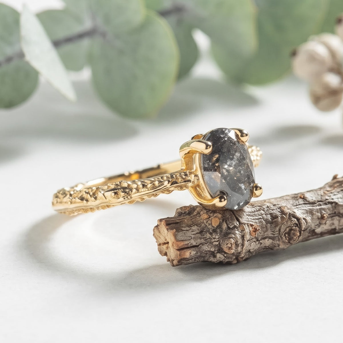 Natural Oval Salt and Pepper Diamond Ring