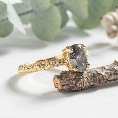 Natural Oval Salt and Pepper Diamond Ring