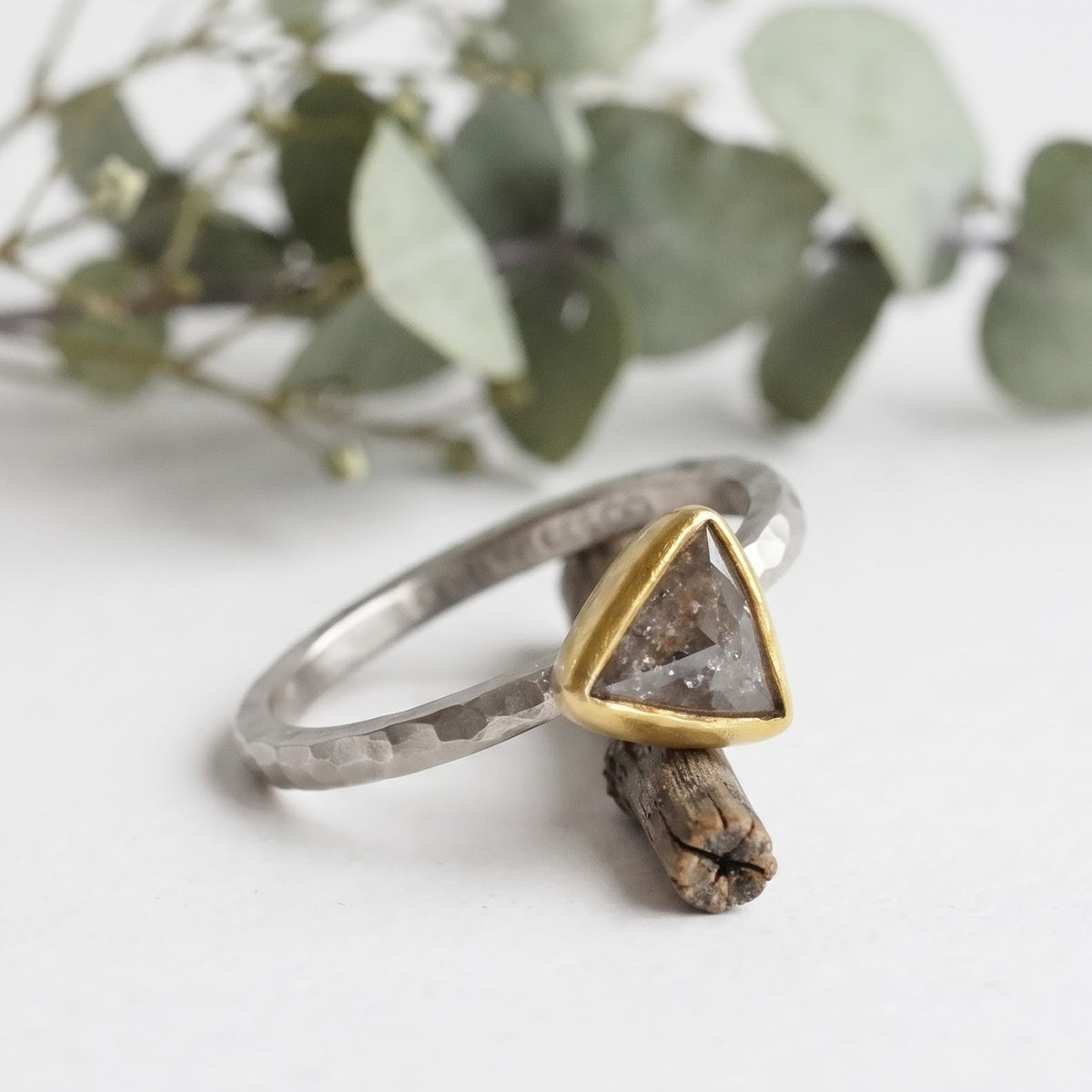 0.80 CT Triangular Salt and Pepper Diamond Handmade Ring