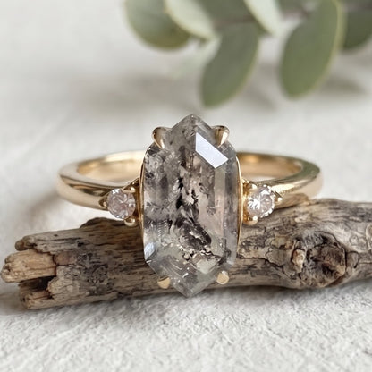Elongated Hexagon Salt and Pepper Diamond Promise Ring