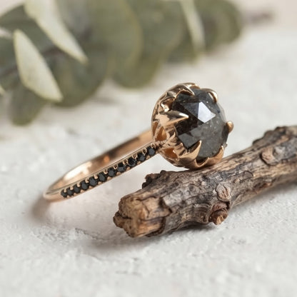 Round Black Salt and Pepper Diamond Minimalist Ring