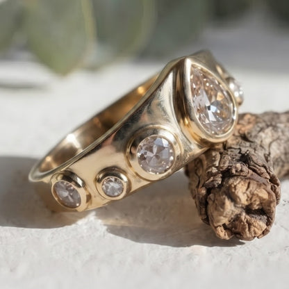 Pear Cut Salt and Pepper Diamond Bezel Ring