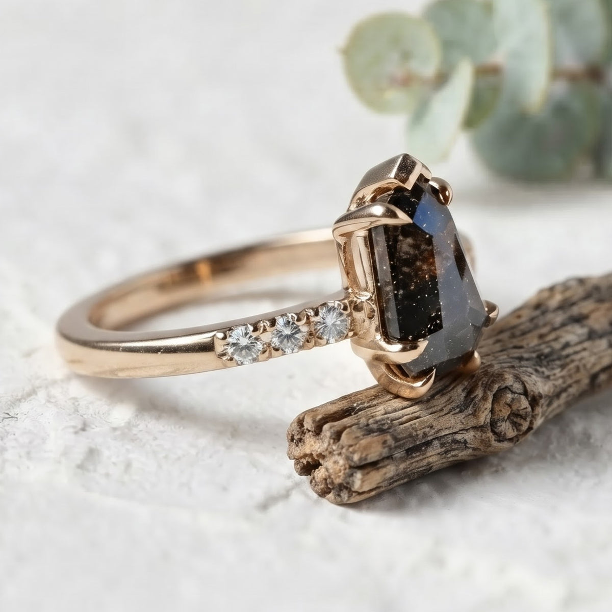 Natural Shield Cut Salt and Pepper Diamond Engagement Ring