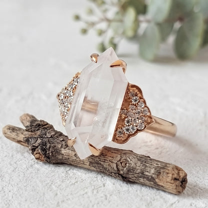 Long Hexagon Milky Diamond Ring with Round Accents