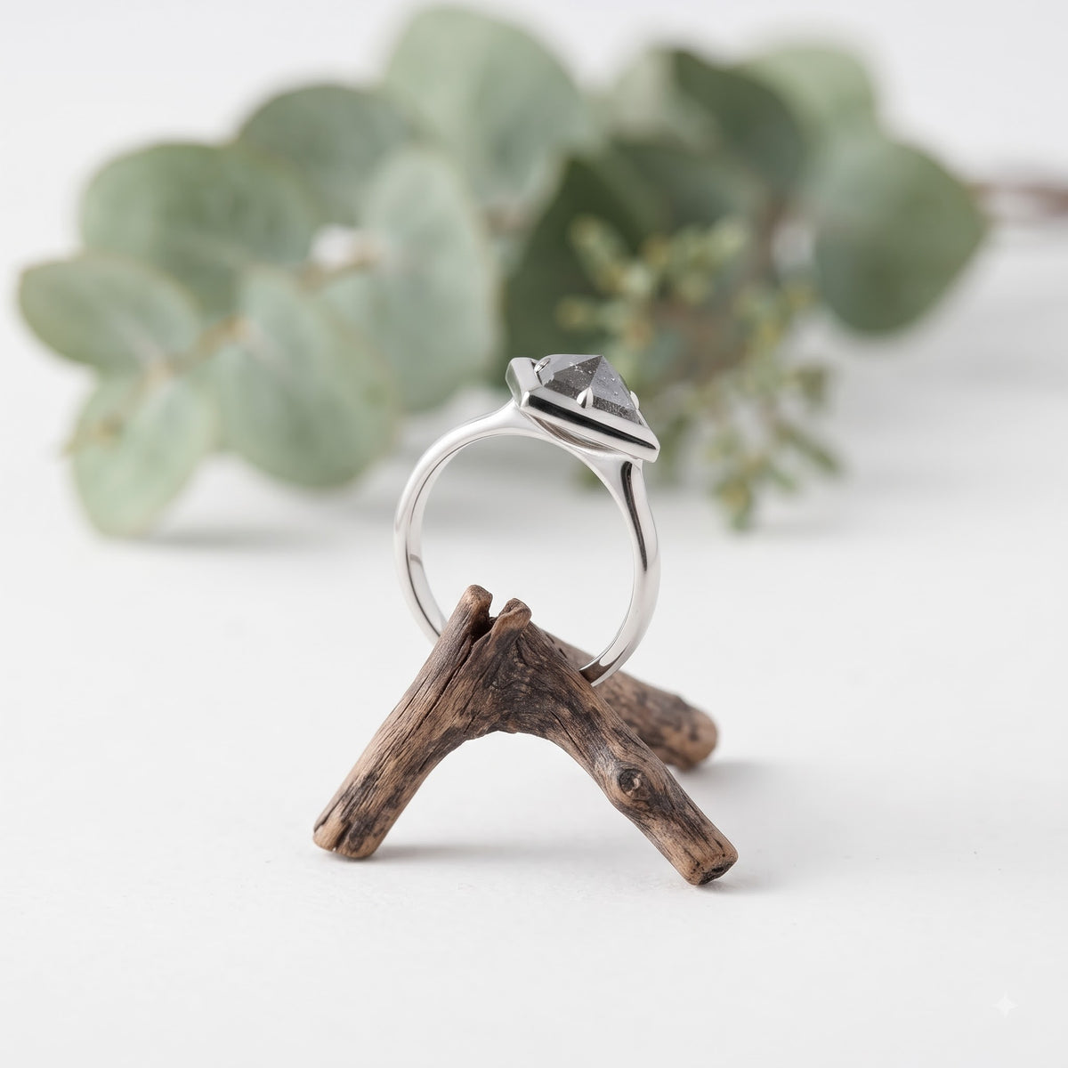Shield Cut Salt and Pepper Diamond Ring with Round Accents
