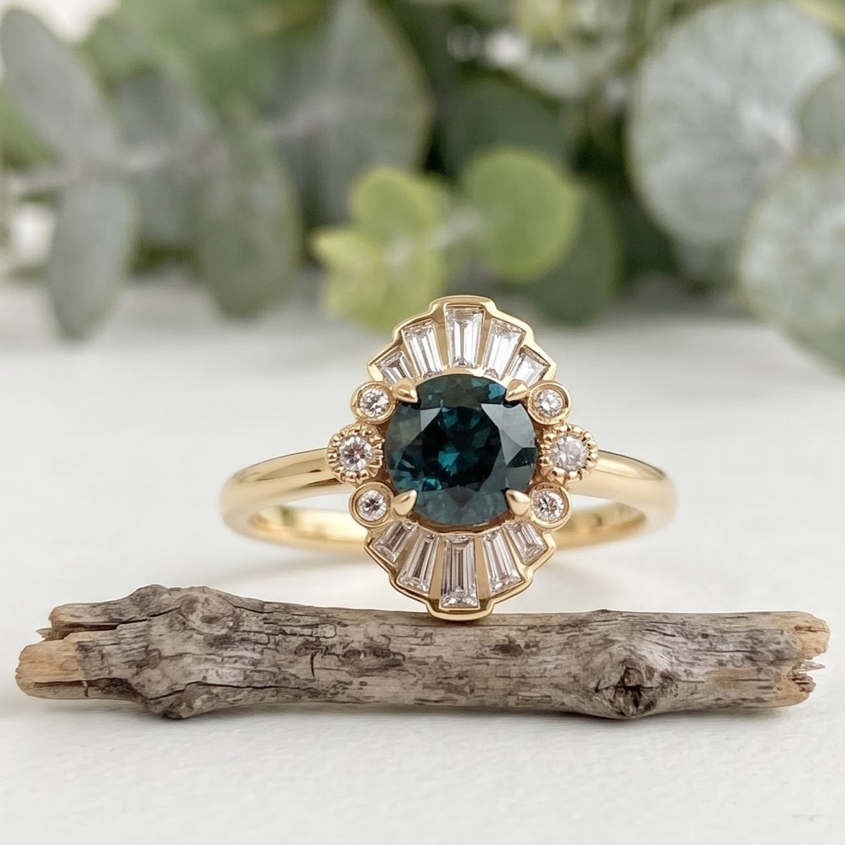 Greenish Blue Sapphire Engagement Ring with Baguette Diamonds