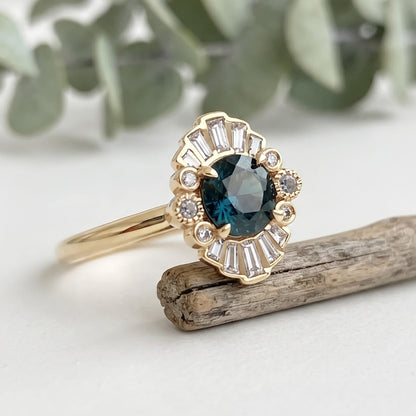 Greenish Blue Sapphire Engagement Ring with Baguette Diamonds