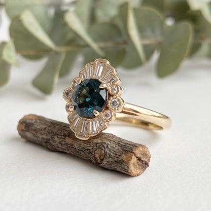 Greenish Blue Sapphire Engagement Ring with Baguette Diamonds