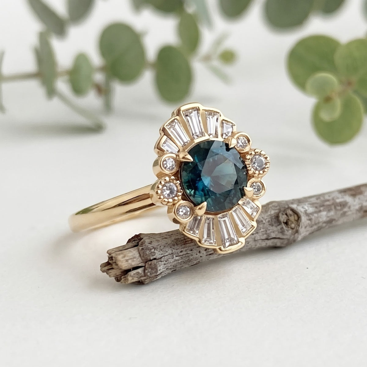 Greenish Blue Sapphire Engagement Ring with Baguette Diamonds