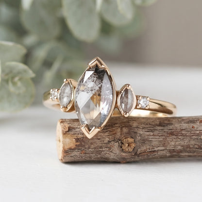 Marquise Salt and Pepper Diamond Bezel Ring Unique Handmade Ring