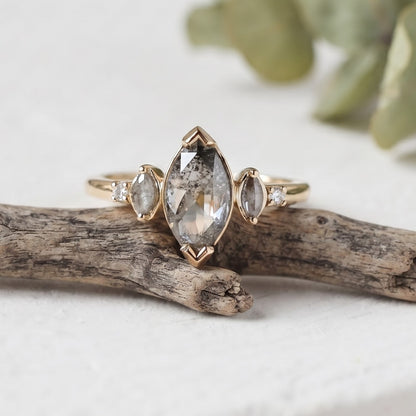 Marquise Salt and Pepper Diamond Bezel Ring Unique Handmade Ring