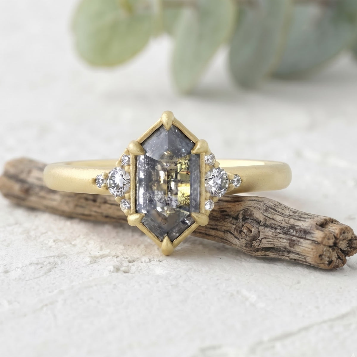 Hexagon Salt and Pepper Gold Handmade Diamond Ring