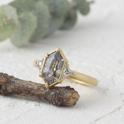 Hexagon Salt and Pepper Gold Handmade Diamond Ring