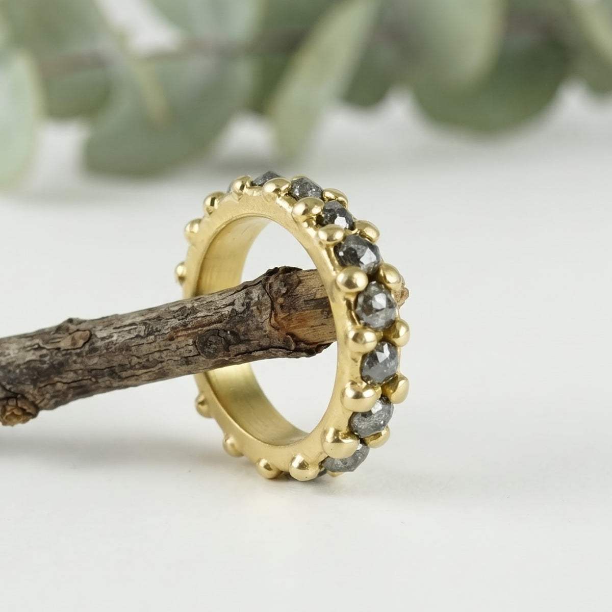 Natural Salt and Pepper Diamond Beaded Gold Band