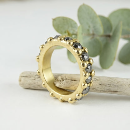 Natural Salt and Pepper Diamond Beaded Gold Band