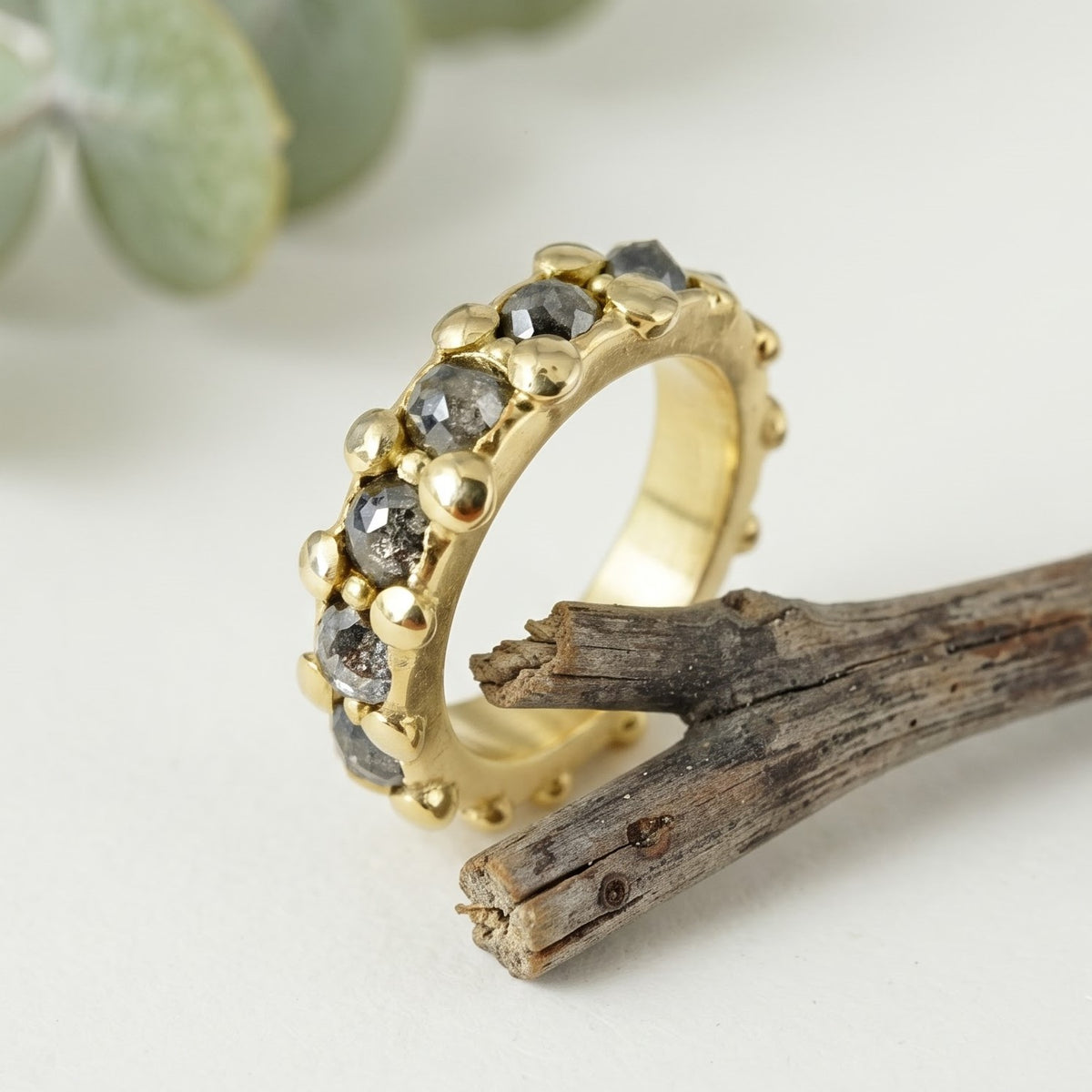Natural Salt and Pepper Diamond Beaded Gold Band