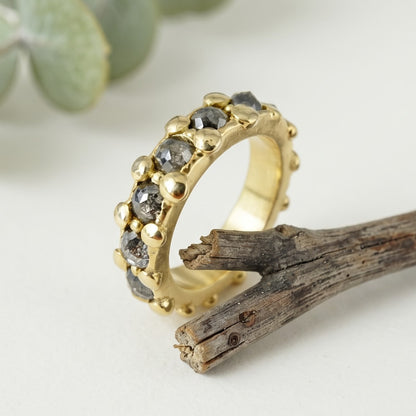 Natural Salt and Pepper Diamond Beaded Gold Band