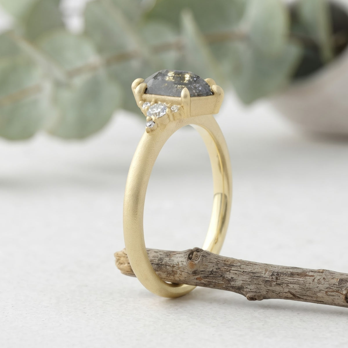Hexagon Salt and Pepper Gold Handmade Diamond Ring