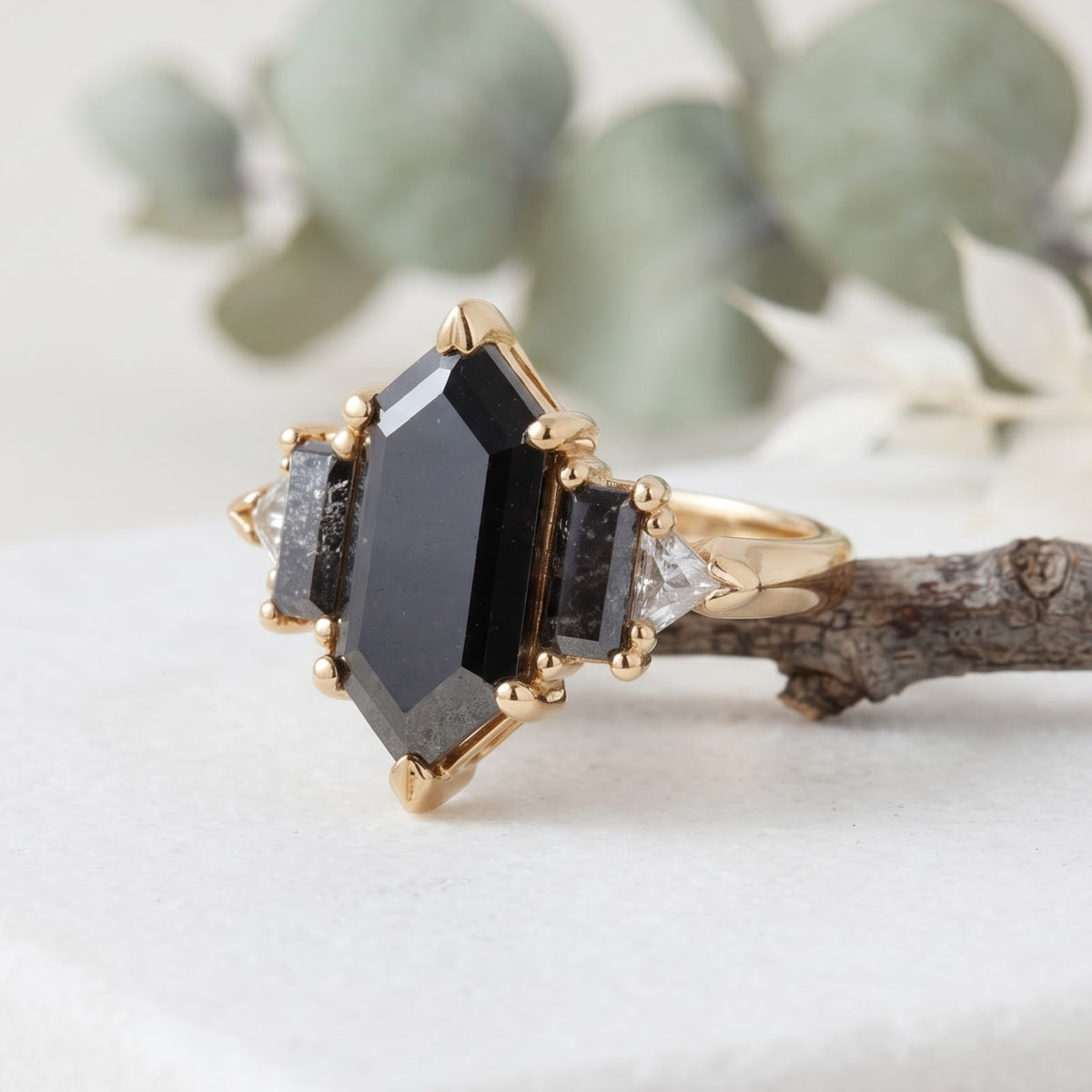 3.15 CT Hexagon Salt and Pepper Diamond Ring