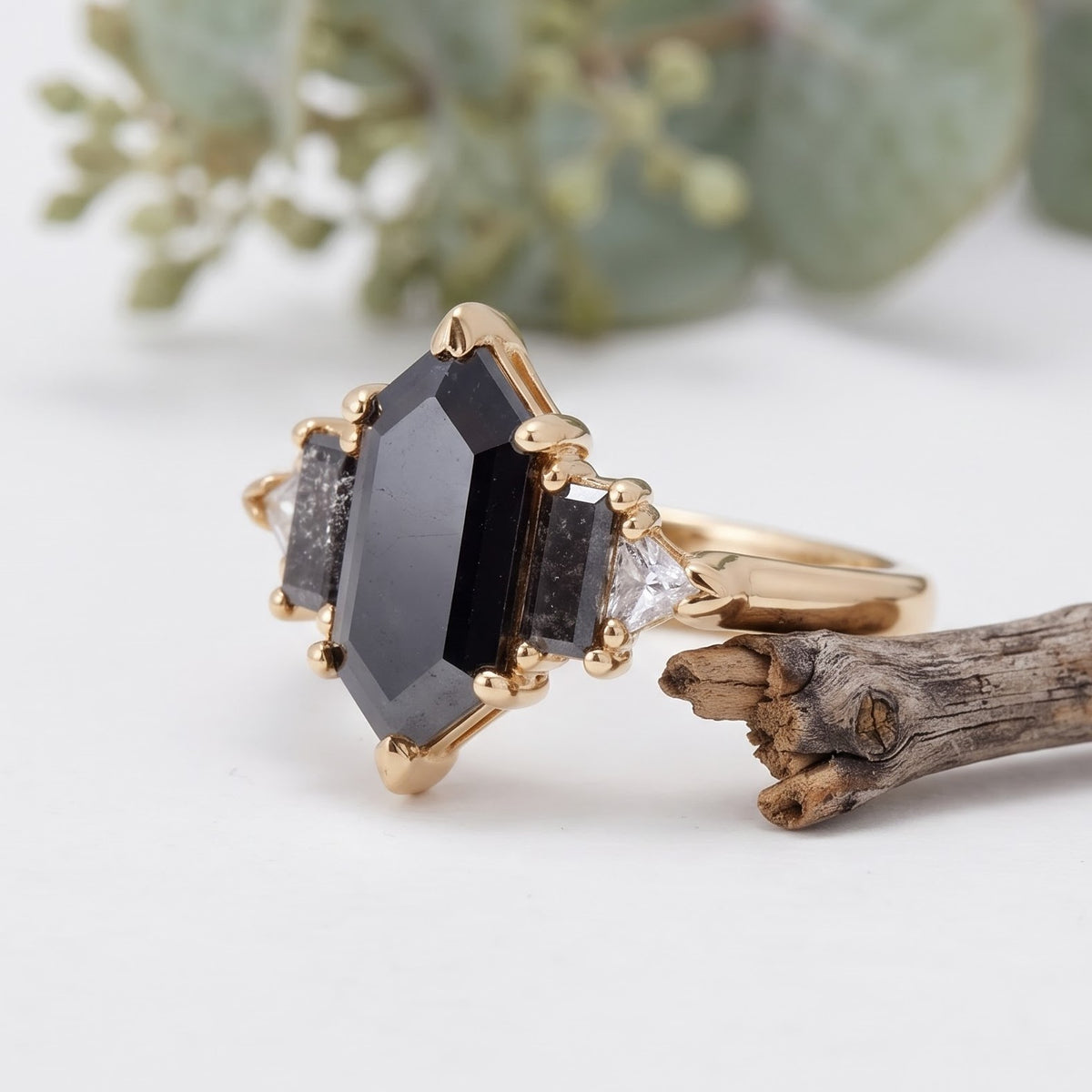 3.15 CT Hexagon Salt and Pepper Diamond Ring