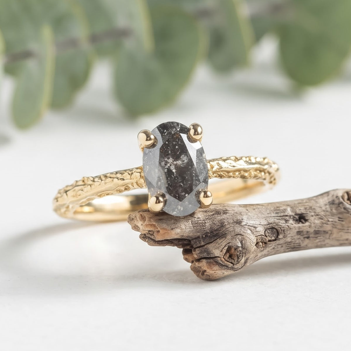 Natural Oval Salt and Pepper Diamond Ring
