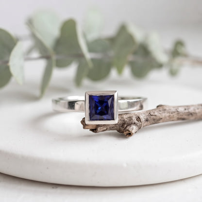 Dark Blue Princess Cut Sapphire Ring