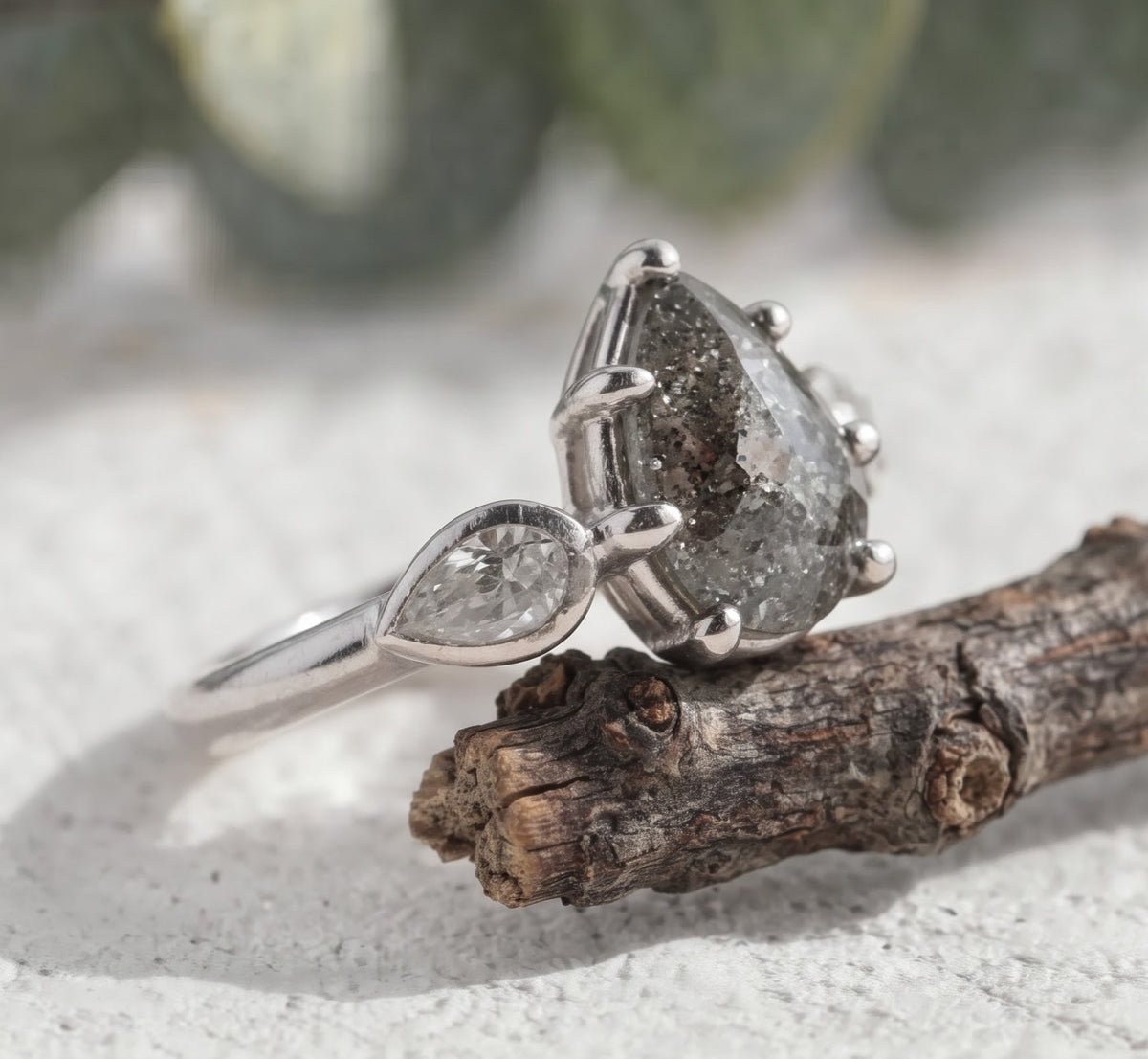 Pear Cut Salt and Pepper Diamond Engagement Ring