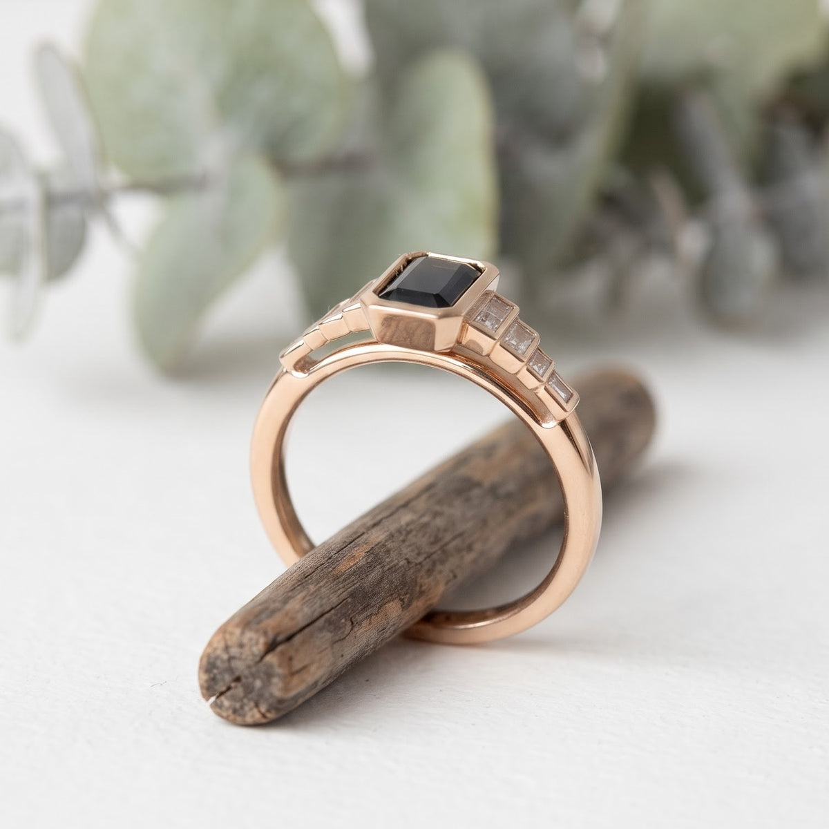 Green Emerald Cut Sapphire Ring with Baguette Lab Grown Diamonds