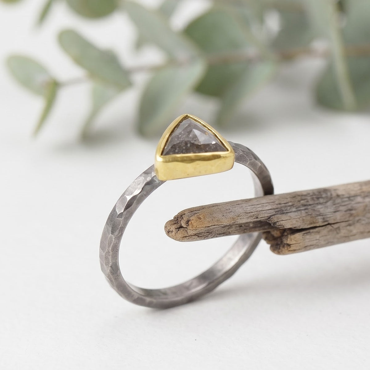 0.80 CT Triangular Salt and Pepper Diamond Handmade Ring