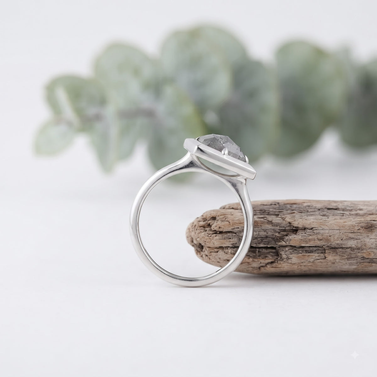 Shield Cut Salt and Pepper Diamond Ring with Round Accents