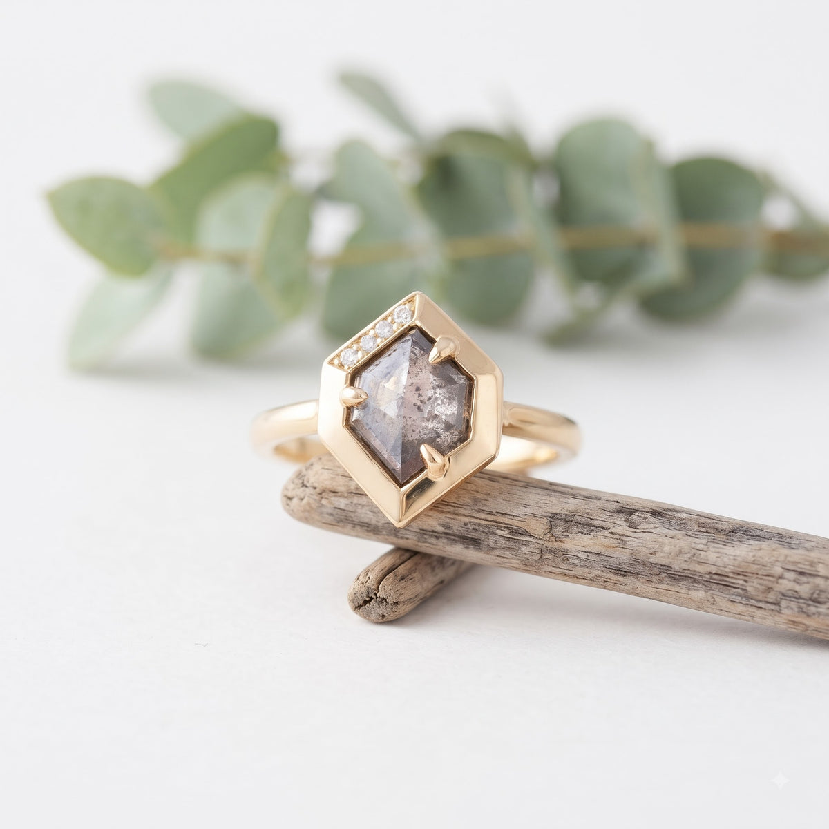 Hexagon Salt and Pepper Diamond Engagement Ring