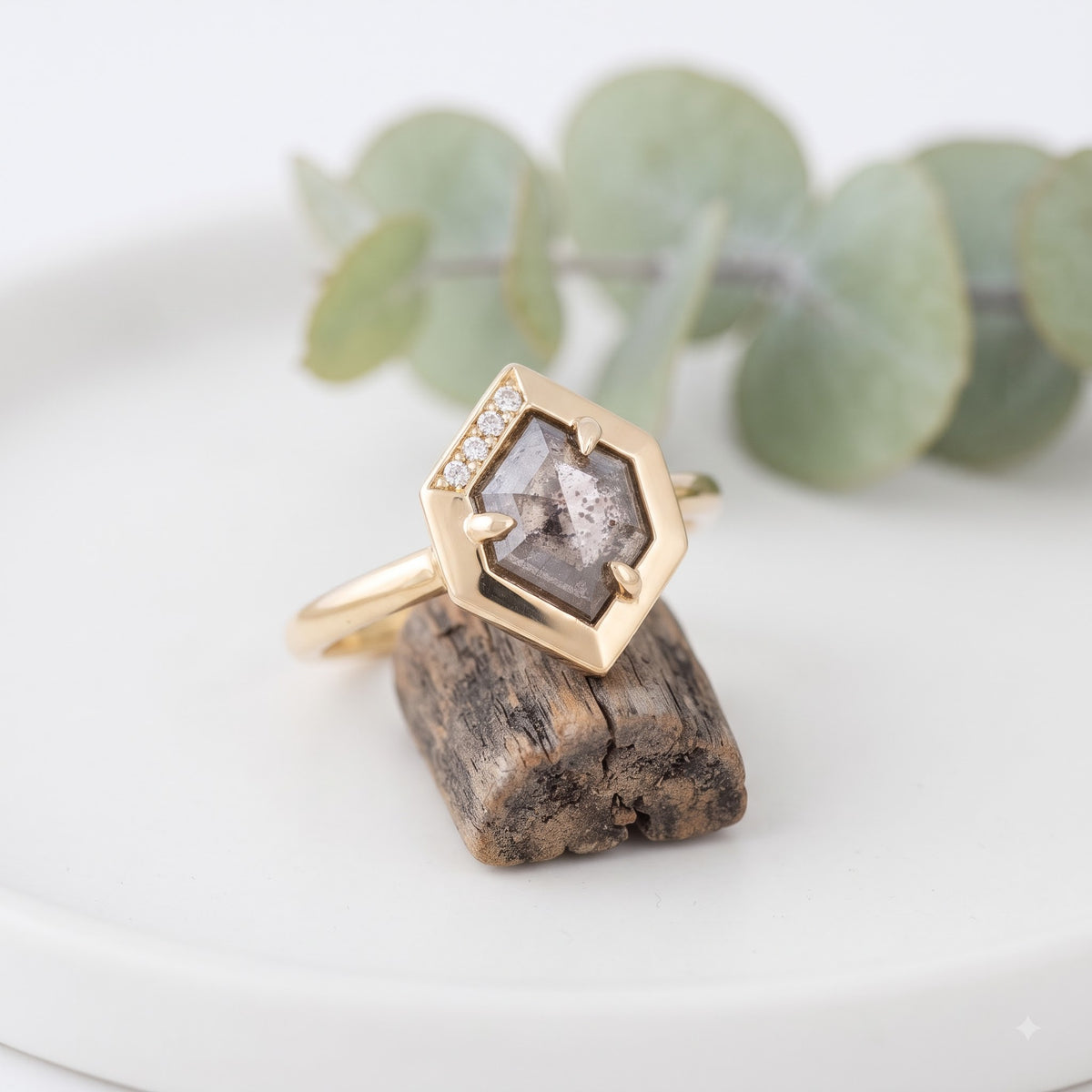 Hexagon Salt and Pepper Diamond Engagement Ring