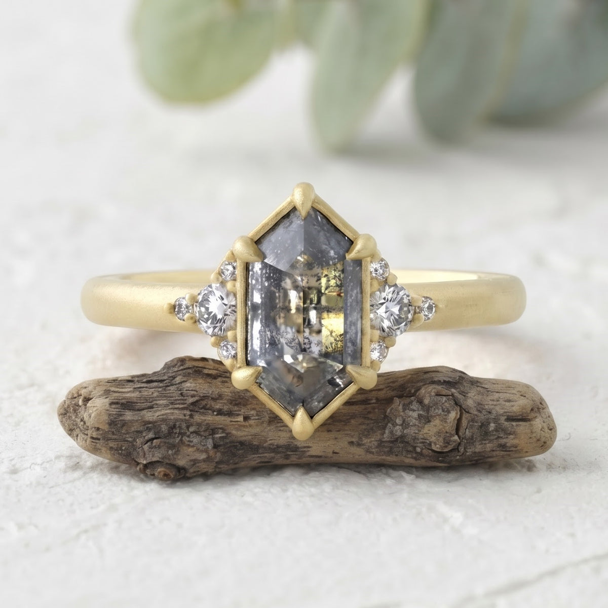 Hexagon Salt and Pepper Gold Handmade Diamond Ring