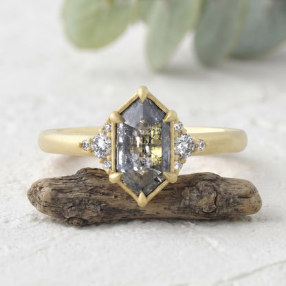 Hexagon Salt and Pepper Gold Handmade Diamond Ring