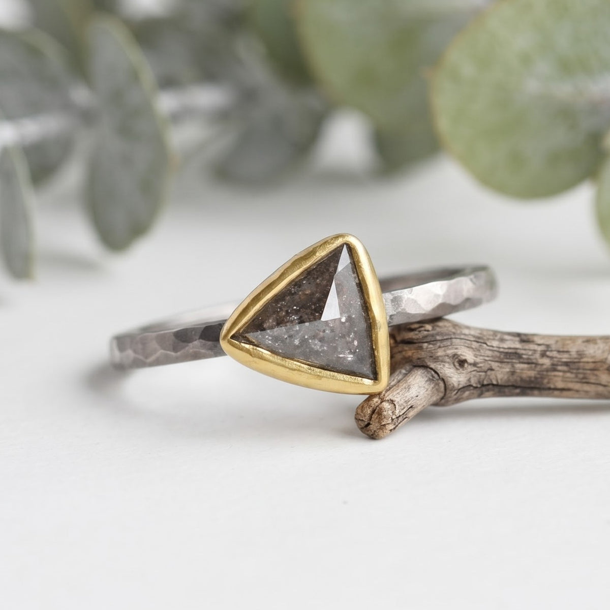 0.80 CT Triangular Salt and Pepper Diamond Handmade Ring