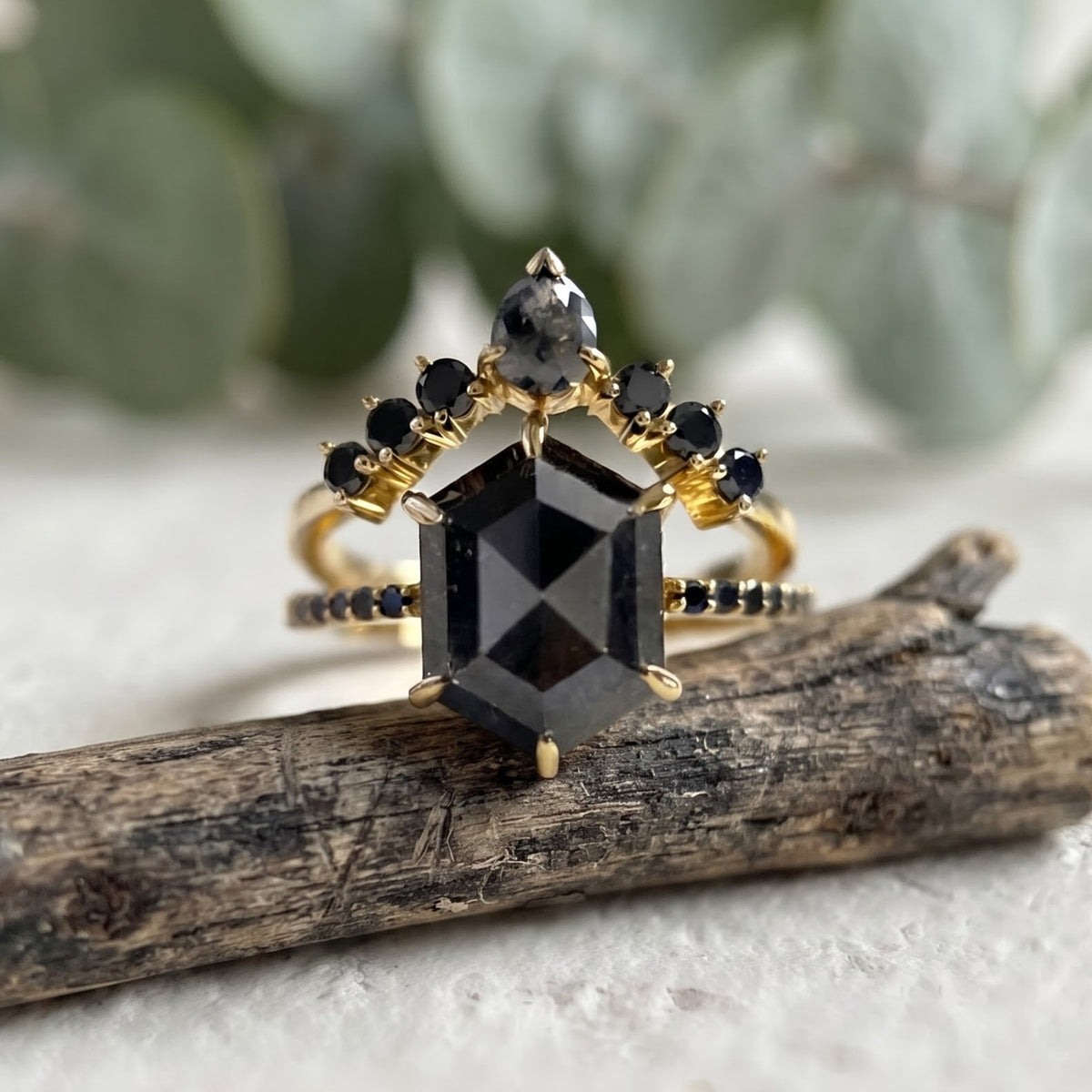 4.00 CT Black Hexagon Salt and Pepper Diamond Ring