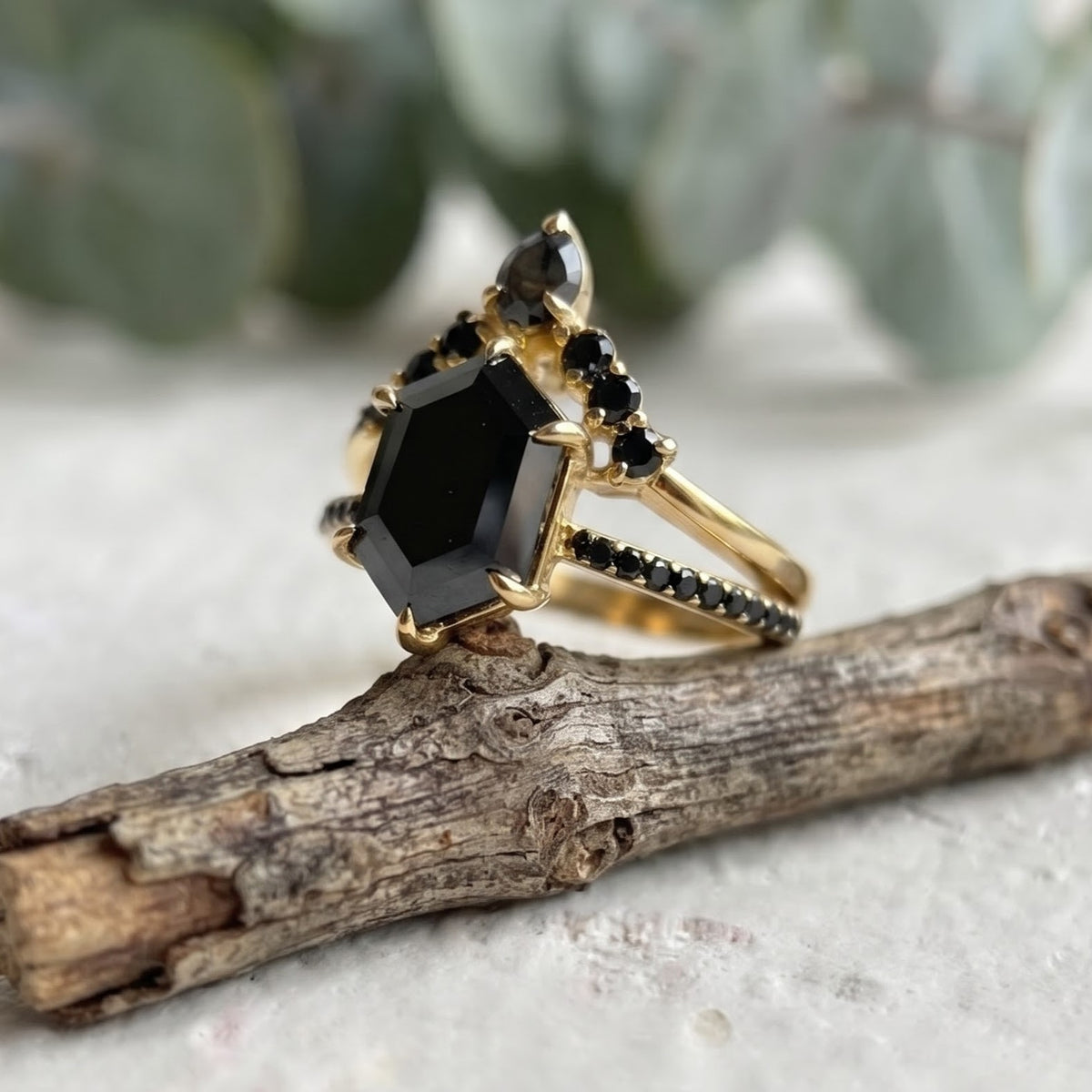 4.00 CT Black Hexagon Salt and Pepper Diamond Ring
