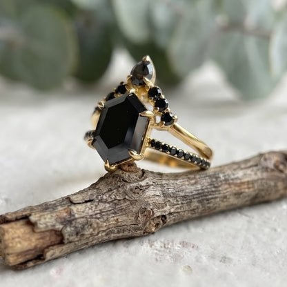 4.00 CT Black Hexagon Salt and Pepper Diamond Ring