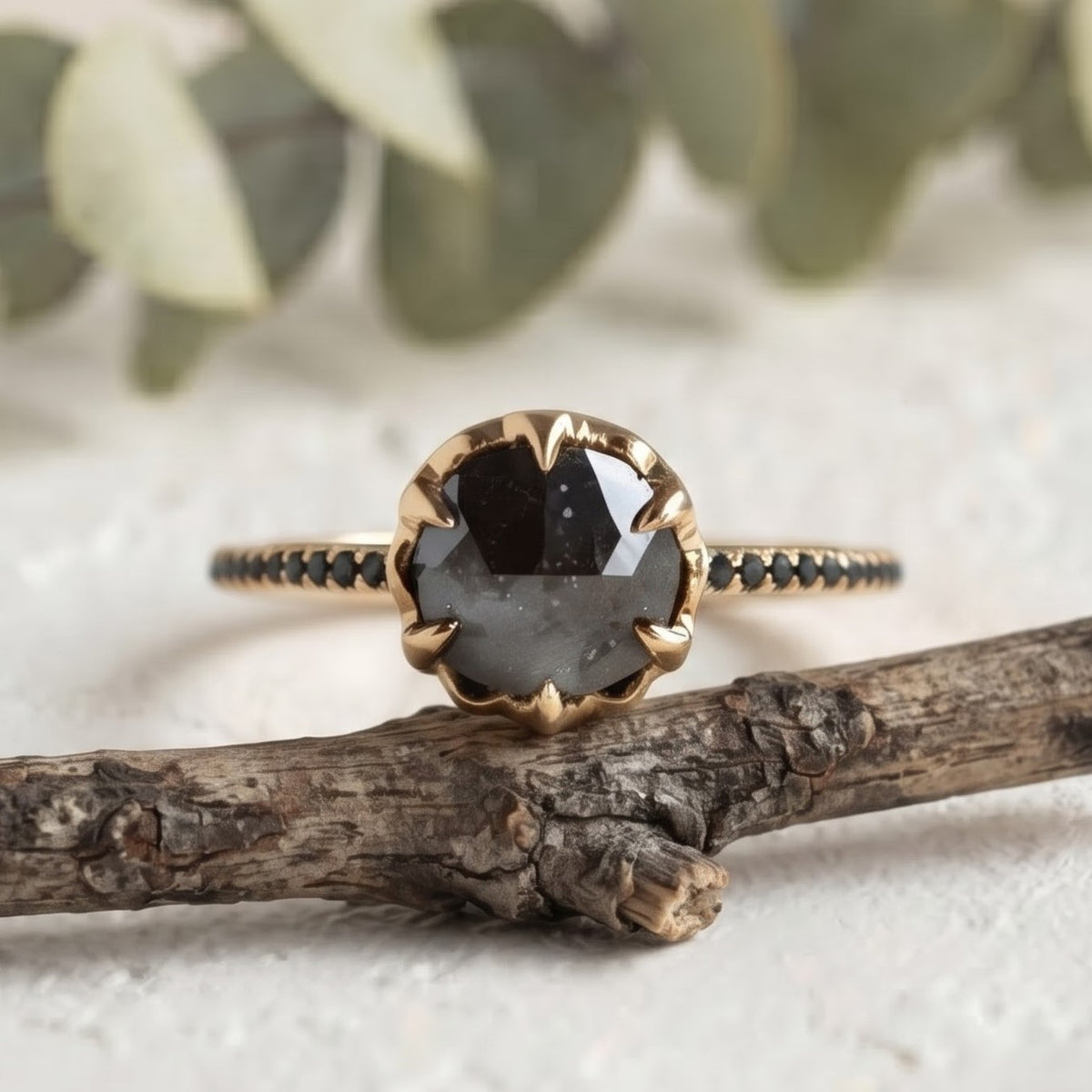 Round Black Salt and Pepper Diamond Minimalist Ring