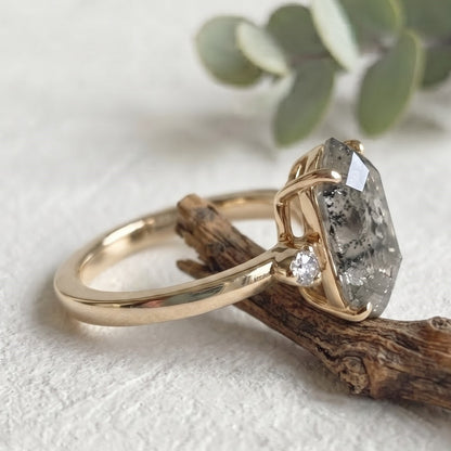 Elongated Hexagon Salt and Pepper Diamond Promise Ring